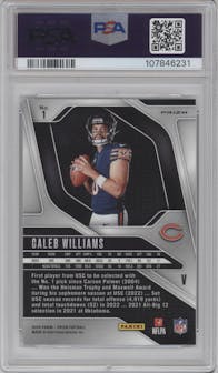 Caleb Williams from the 2024 Panini Prizm set featuring a No Huddle parallel graded by PSA and given an overall grade of 10.