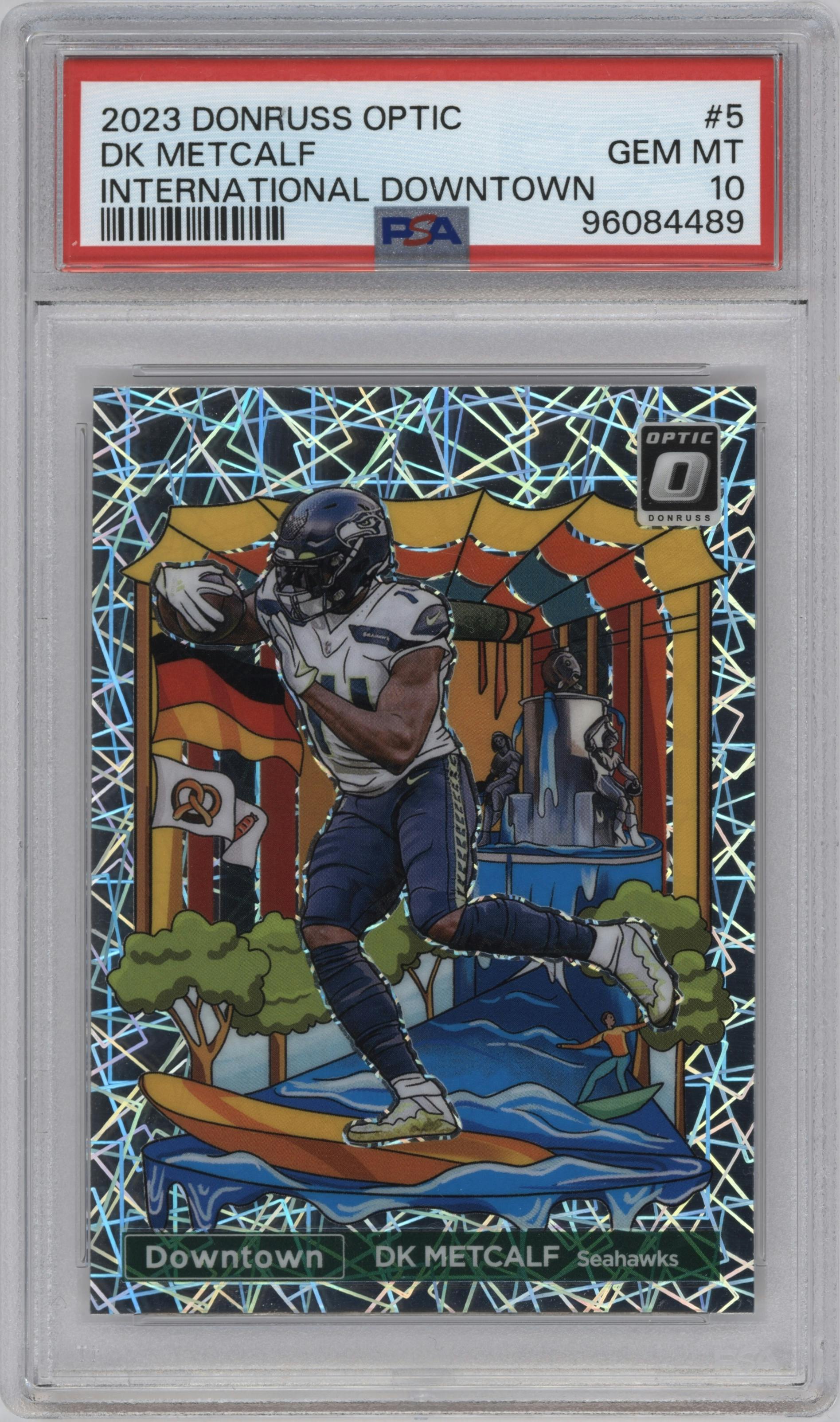 DK Metcalf from the 2023 Donruss Optic set graded by PSA and given an overall grade of 10.