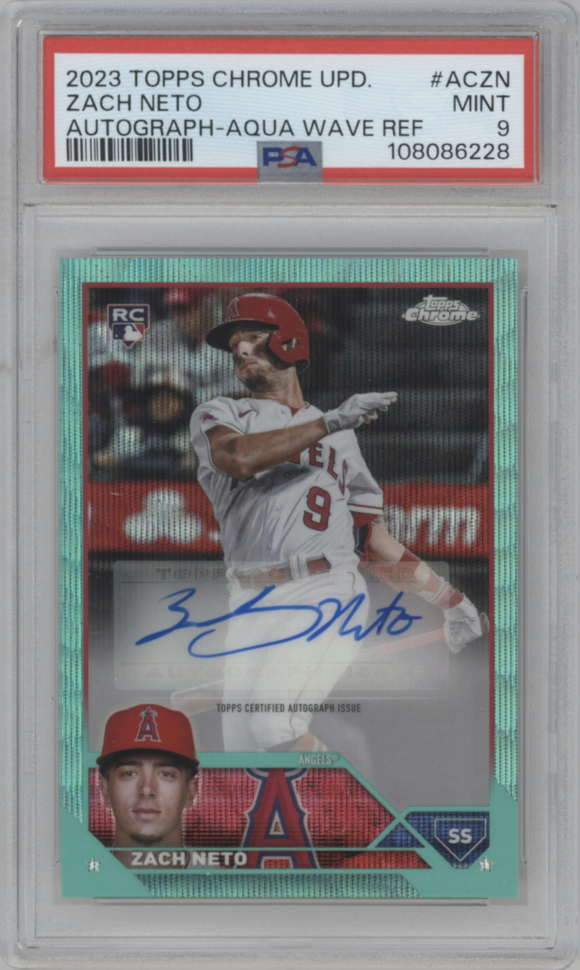 Zach Neto from the 2023 Topps Chrome Update set featuring a Aqua Wave Refractor parallel graded by PSA and given an overall grade of 9.