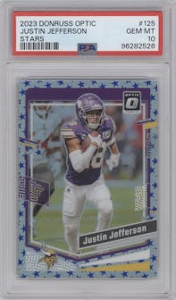 Justin Jefferson from the 2023 Donruss Optic set featuring a Stars parallel graded by PSA and given an overall grade of 10.