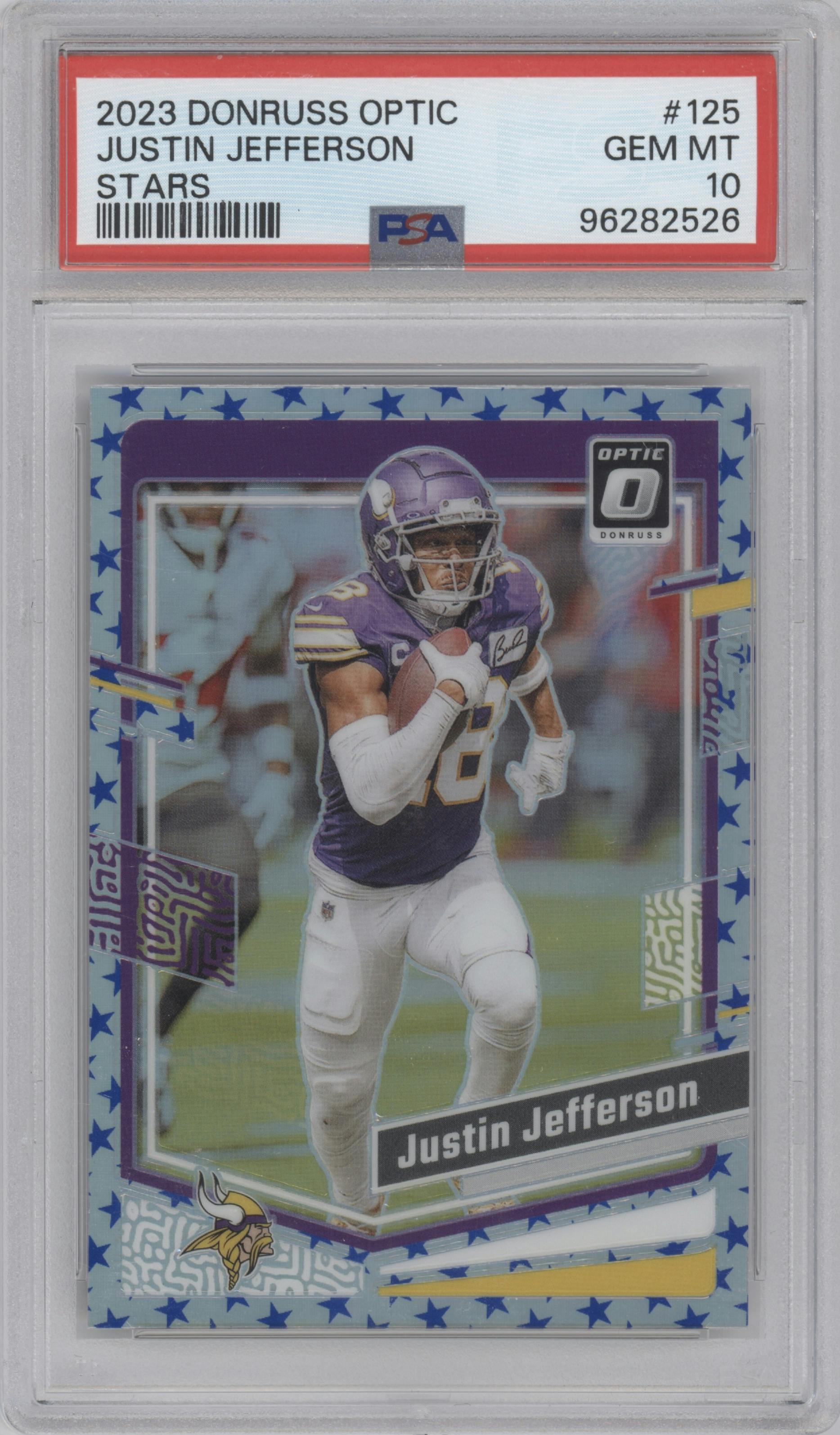 Justin Jefferson from the 2023 Donruss Optic set featuring a Stars parallel graded by PSA and given an overall grade of 10.