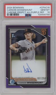 Carson Whisenhunt from the 2024 Bowman set featuring a Purple Refractor parallel graded by PSA and given an overall grade of 10.