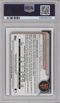 Carson Whisenhunt from the 2024 Bowman set featuring a Purple Refractor parallel graded by PSA and given an overall grade of 10.