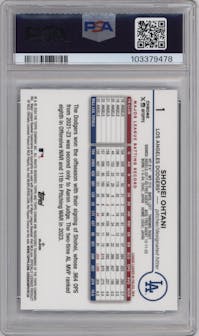 Shohei Ohtani from the 2024 Topps Chrome Logofractor set featuring a Blue MLB Refractor parallel graded by PSA and given an overall grade of 10.