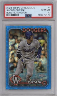 Shohei Ohtani from the 2024 Topps Chrome Logofractor set featuring a Blue MLB Refractor parallel graded by PSA and given an overall grade of 10.