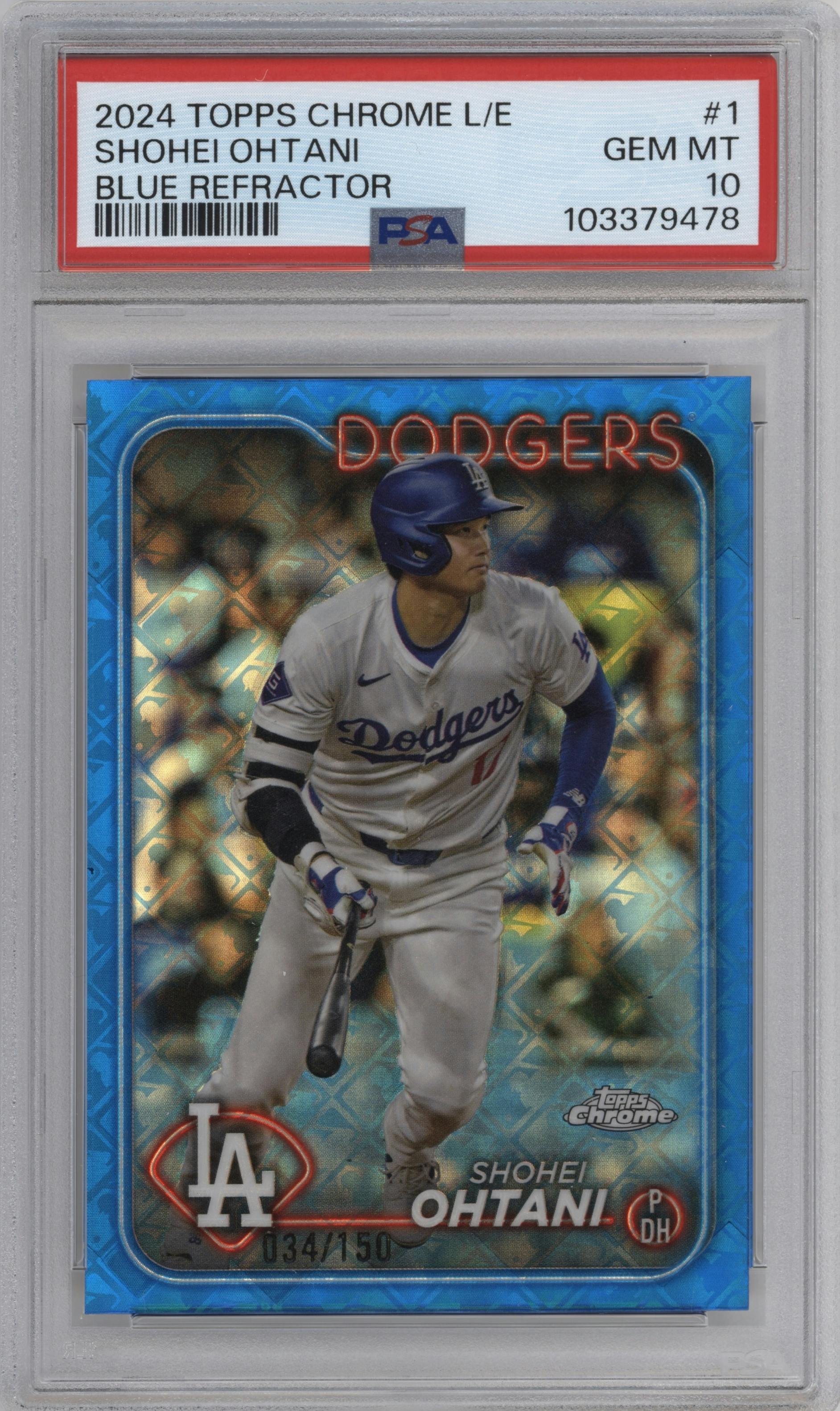 Shohei Ohtani from the 2024 Topps Chrome Logofractor set featuring a Blue MLB Refractor parallel graded by PSA and given an overall grade of 10.