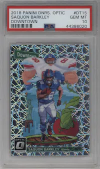 Saquon Barkley from the 2018 Panini Donruss Optic set graded by PSA and given an overall grade of 10.