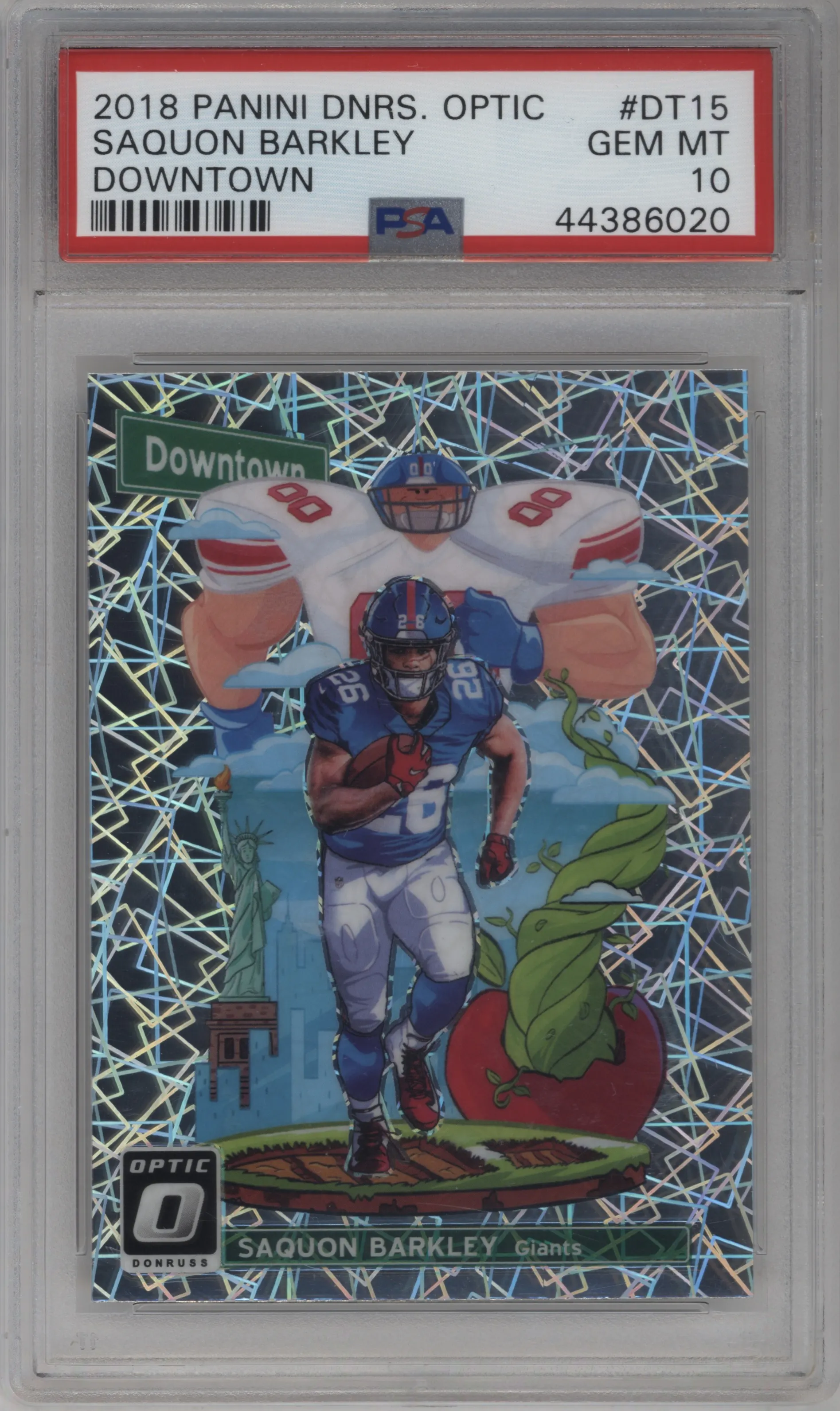 Saquon Barkley from the 2018 Panini Donruss Optic set graded by PSA and given an overall grade of 10.