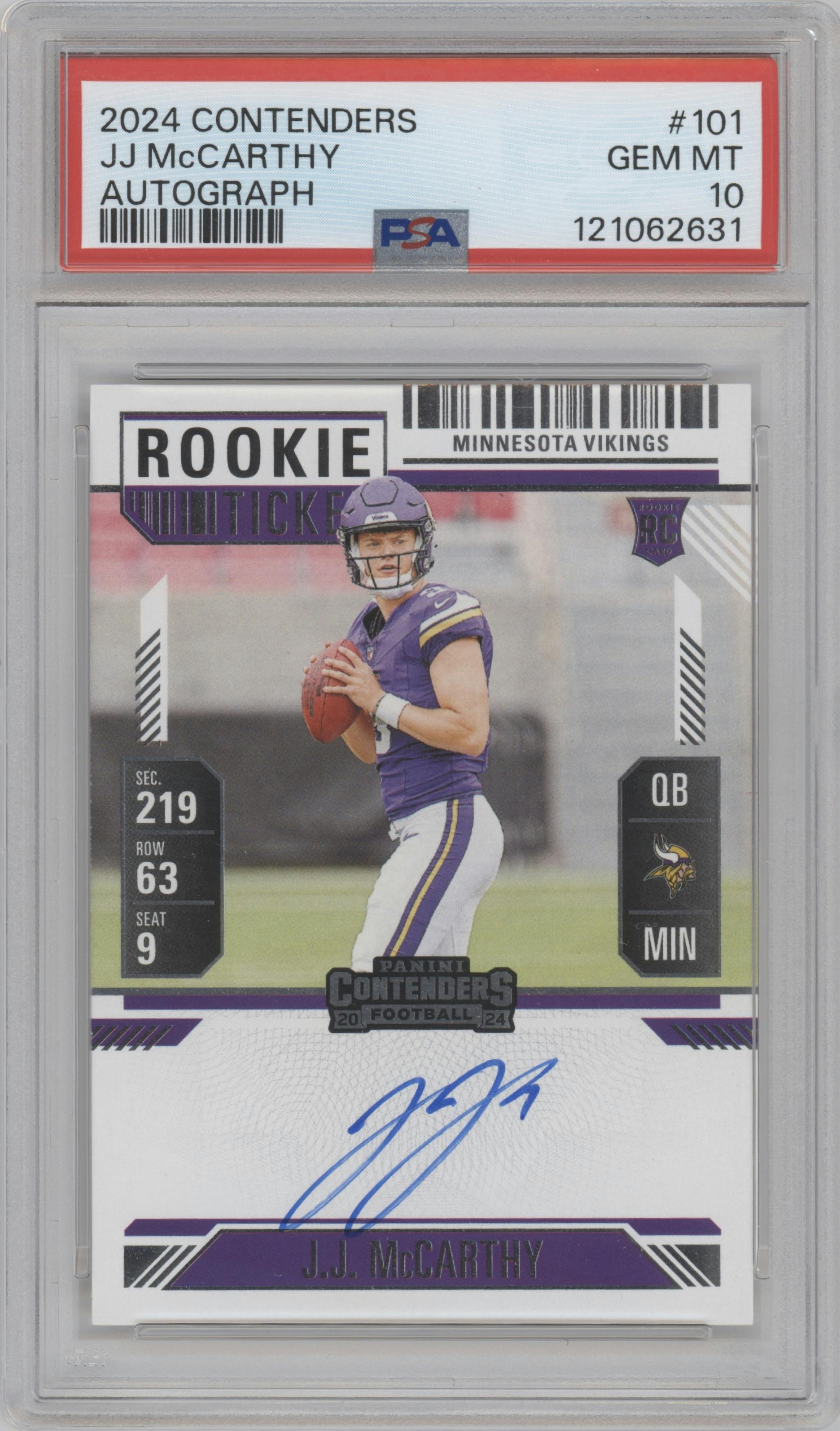 J.J. McCarthy from the 2024 Panini Contenders set graded by PSA and given an overall grade of 10.