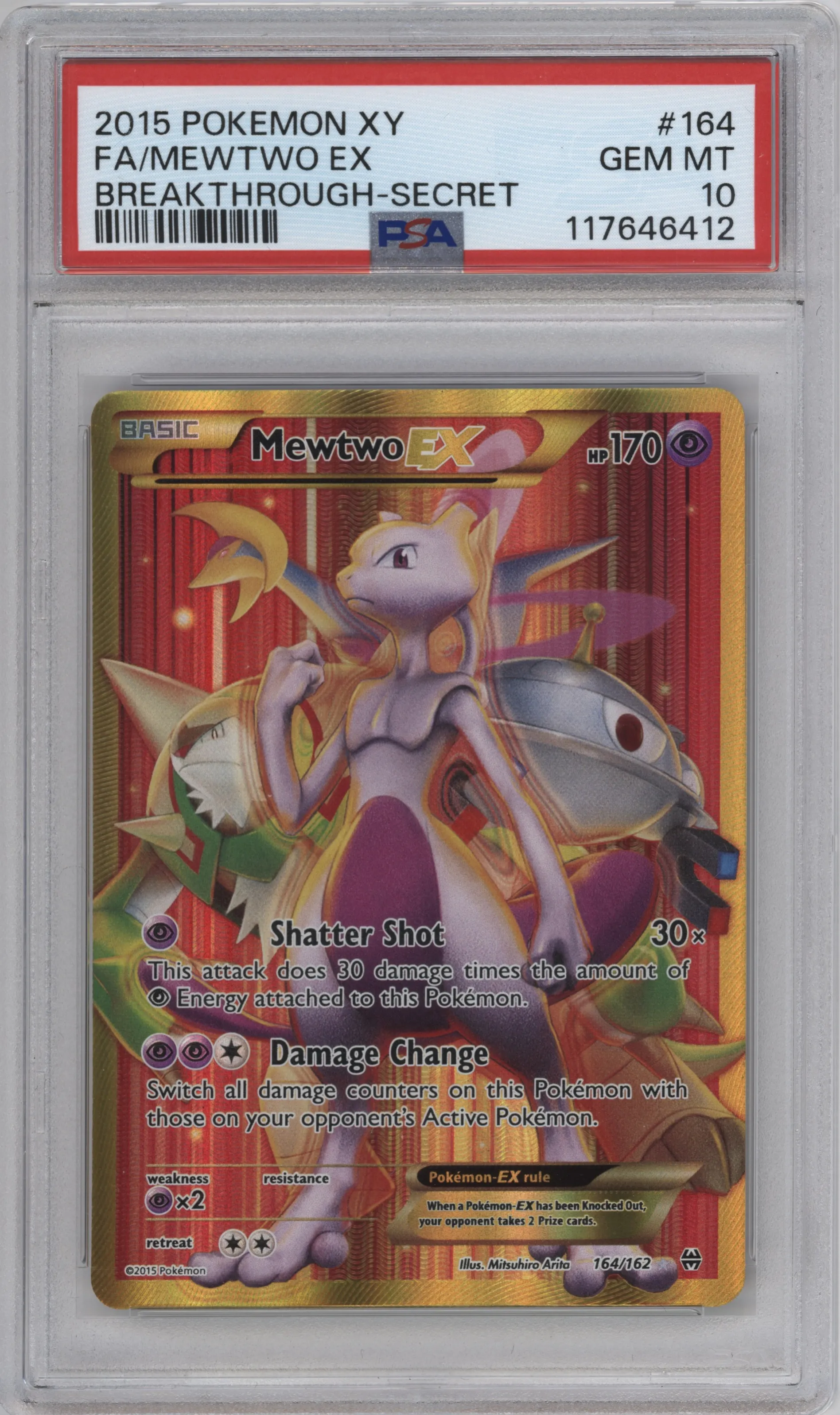 Mewtwo EX from the 2015 Pokemon XY set graded by PSA and given an overall grade of 10.