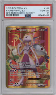 Mewtwo EX from the 2015 Pokemon XY set graded by PSA and given an overall grade of 10.
