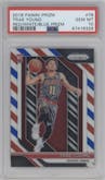 Trae Young from the 2018-19 Panini Prizm set featuring a Red White Blue Prizm parallel graded by PSA and given an overall grade of 10.