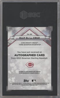  Elly De La Cruz from the 2023 Bowman Sterling set featuring a Speckle Refractor parallel graded by SGC and given an overall grade of 9.5.