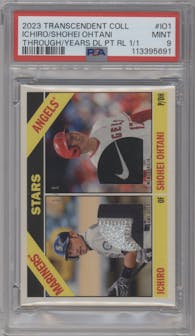 Ichiro Suzuki/Shohei Ohtani from the 2023 Topps Transcendent Collection set graded by PSA and given an overall grade of 9.