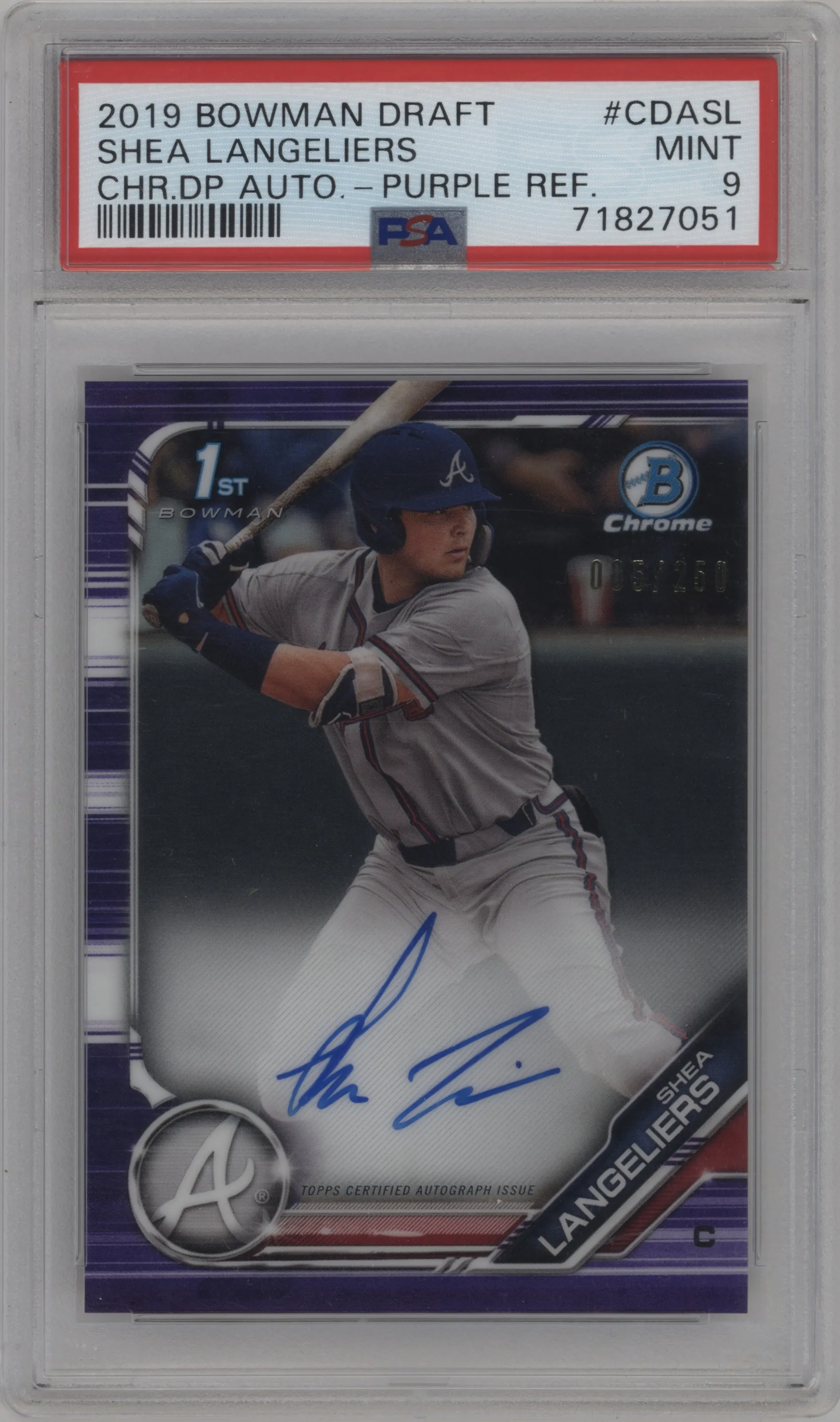 2019 Bowman Draft Chr.DP Auto Shea Langeliers Purple Refractor PSA 9