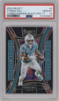Tyreek Hill  from the 2024 Panini Select set featuring a Black Prizm parallel graded by PSA and given an overall grade of 10.