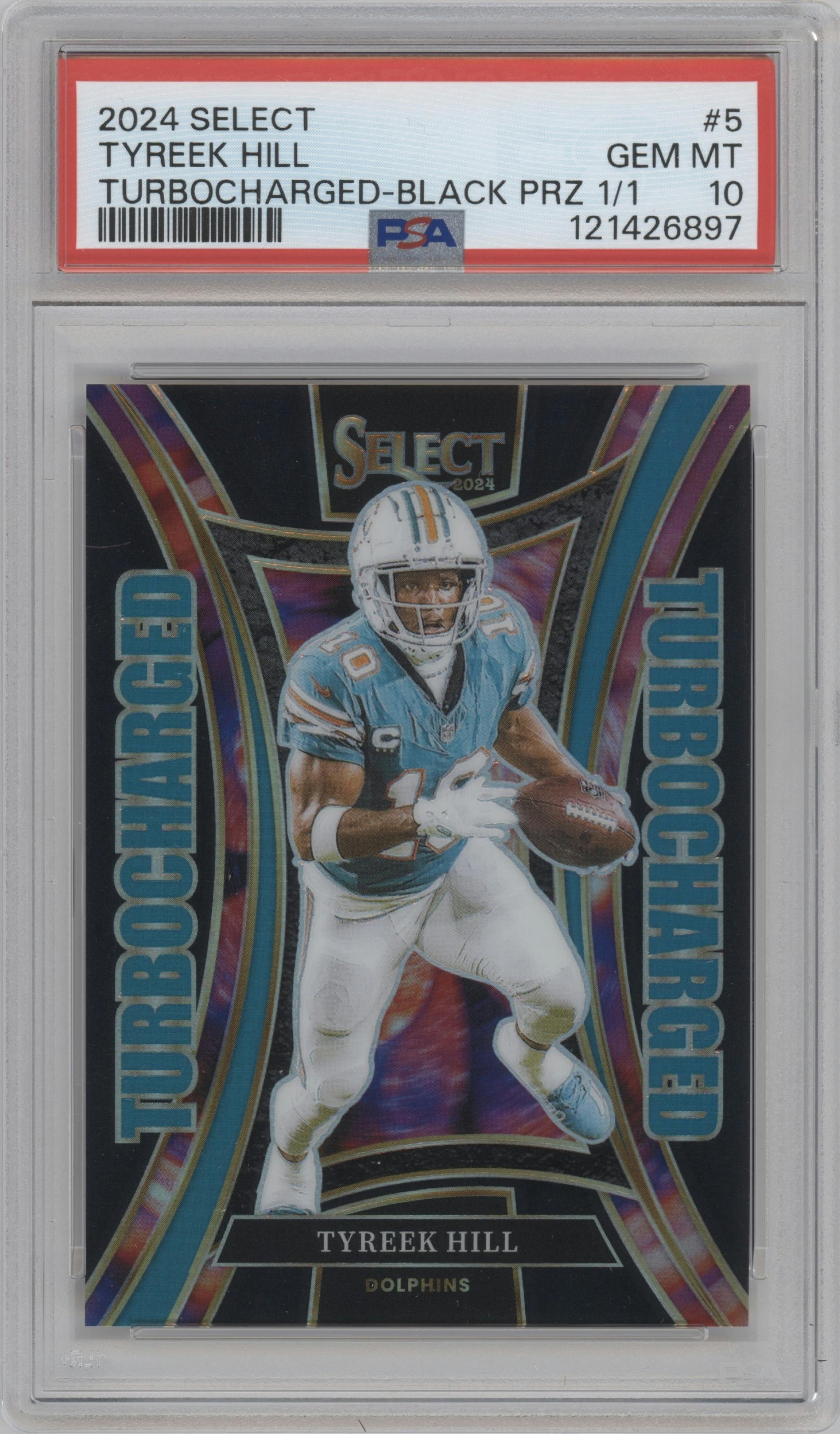 Tyreek Hill  from the 2024 Panini Select set featuring a Black Prizm parallel graded by PSA and given an overall grade of 10.