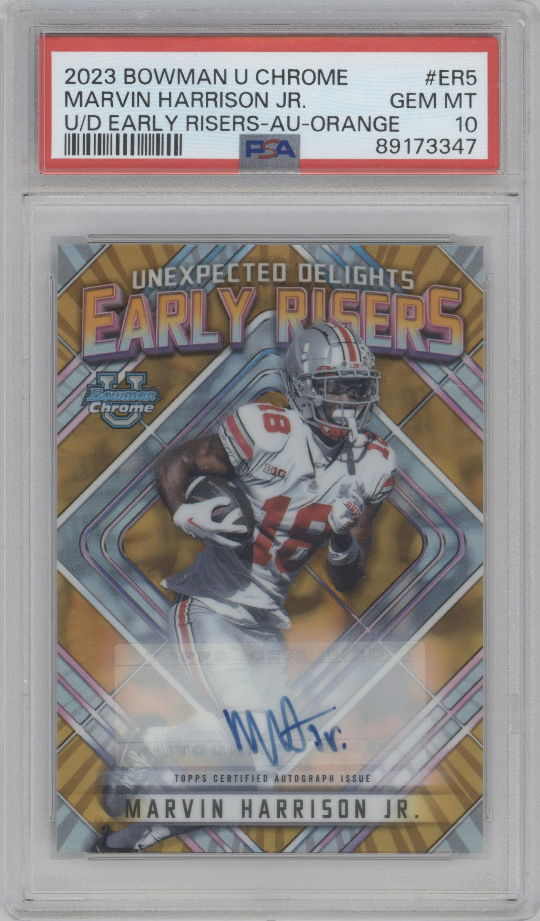Marvin Harrison Jr. from the 2023 Bowman Chrome University set featuring a Orange Refractor parallel graded by PSA and given an overall grade of 10.