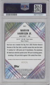Marvin Harrison Jr. from the 2023 Bowman Chrome University set featuring a Orange Refractor parallel graded by PSA and given an overall grade of 10.