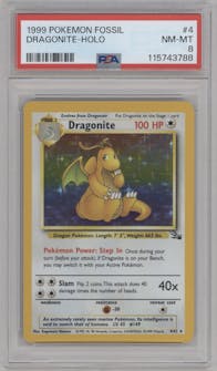 Dragonite from the 1999 Pokemon set graded by PSA and given an overall grade of 8.