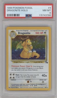 Dragonite from the 1999 Pokemon set graded by PSA and given an overall grade of 8.
