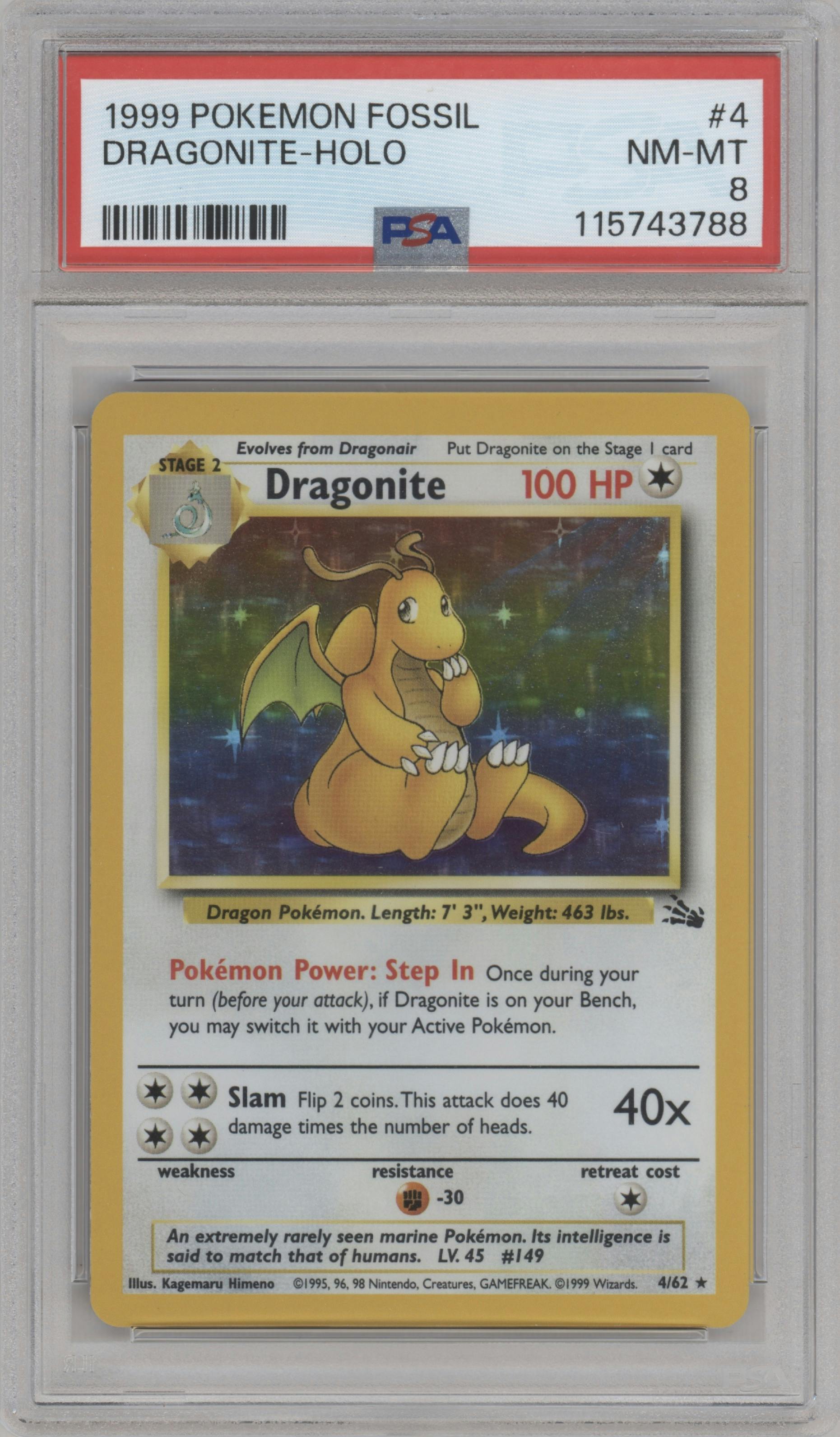 Dragonite from the 1999 Pokemon set graded by PSA and given an overall grade of 8.