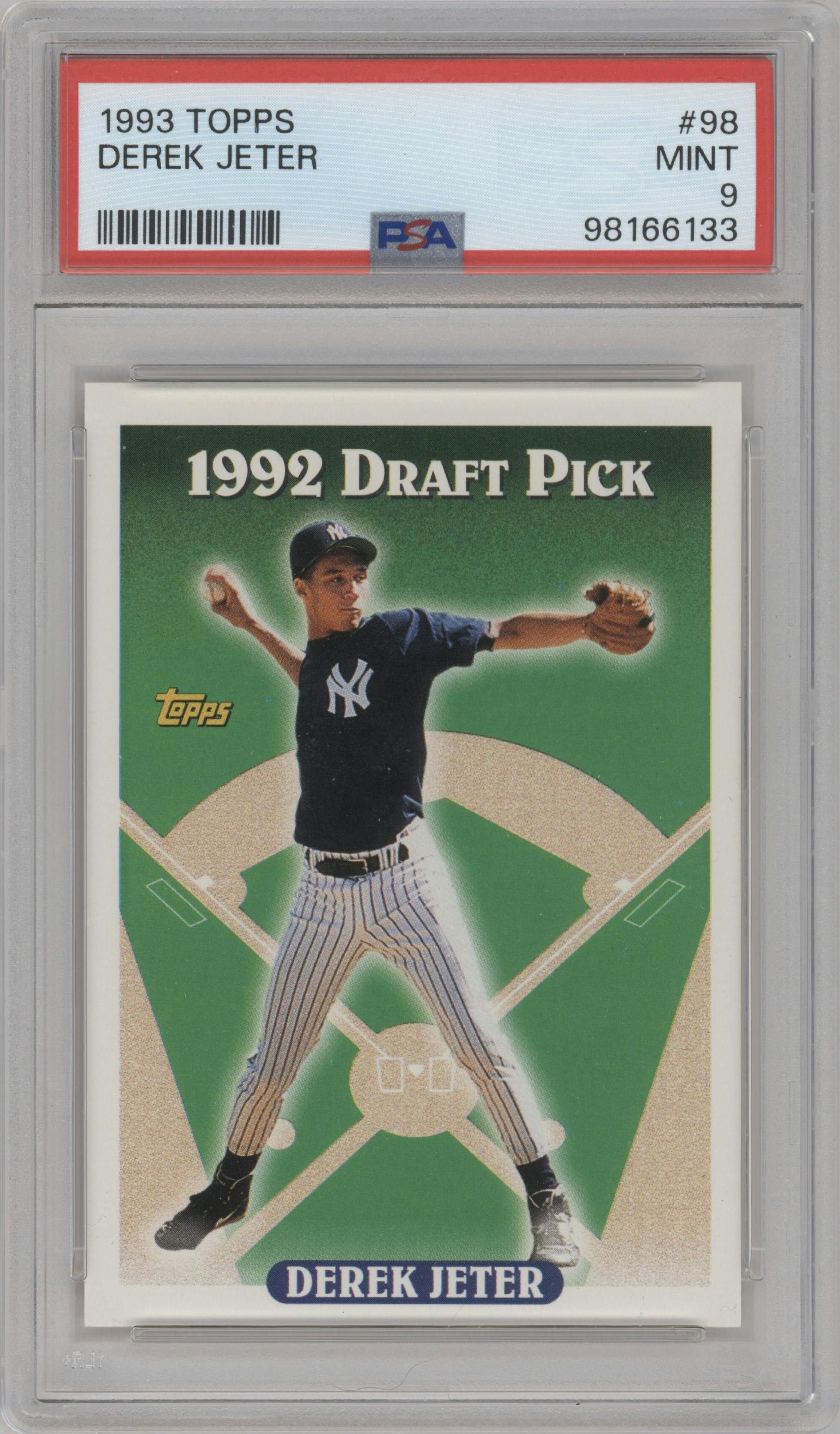 Derek Jeter from the 1993 Topps set graded by PSA and given an overall grade of 9.