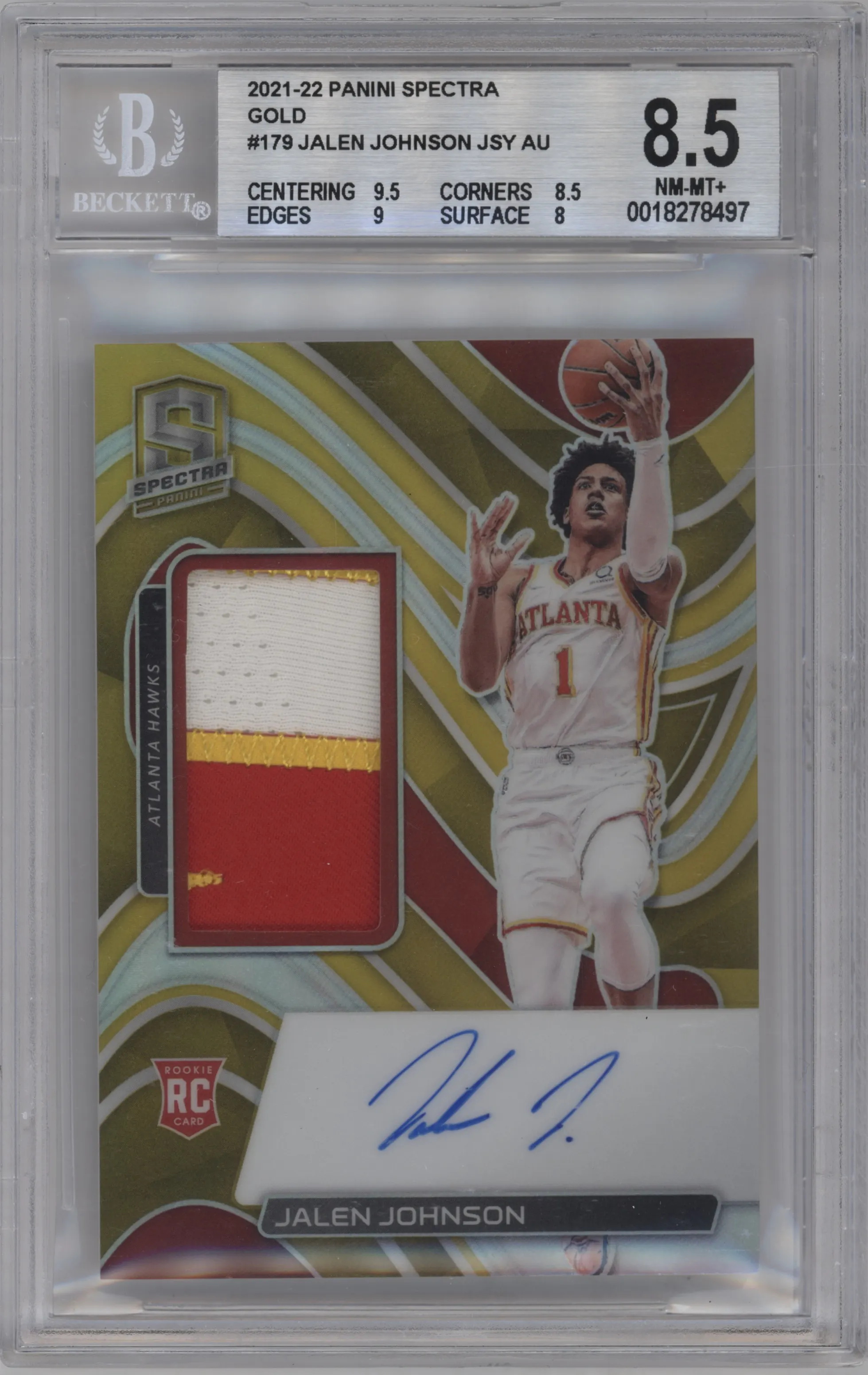 2021 Panini Spectra Rke.Jrsy.Auto Jalen Johnson Gold Prizm BGS 8.5