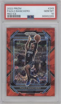 Paolo Banchero from the 2022-23 Panini Prizm  set featuring a Red Ice parallel graded by PSA and given an overall grade of 10.