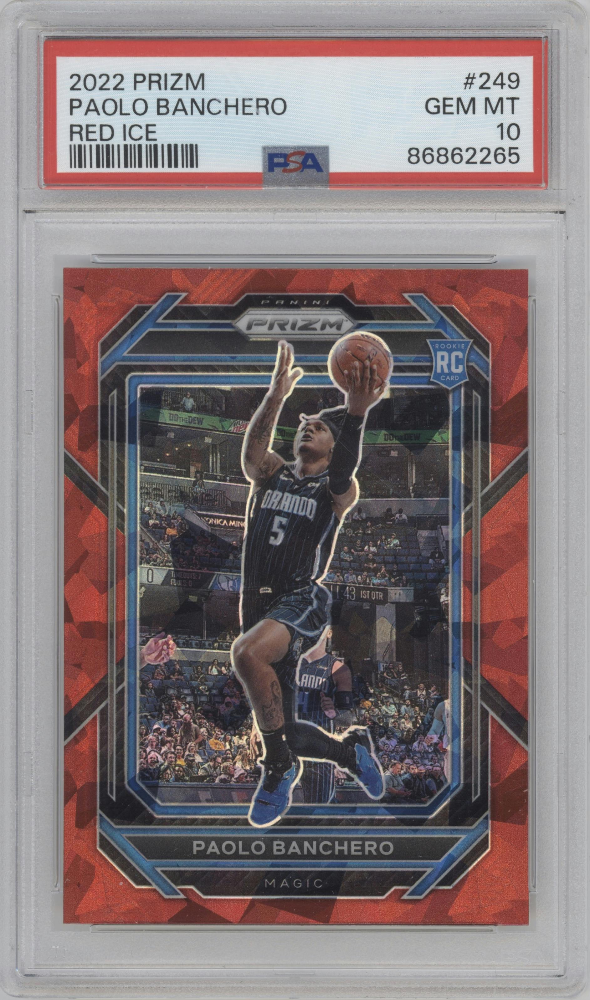 Paolo Banchero from the 2022-23 Panini Prizm  set featuring a Red Ice parallel graded by PSA and given an overall grade of 10.
