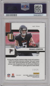 Drake London from the 2022 Panini Donruss Optic set featuring a Black Pandora parallel graded by PSA and given an overall grade of 9.