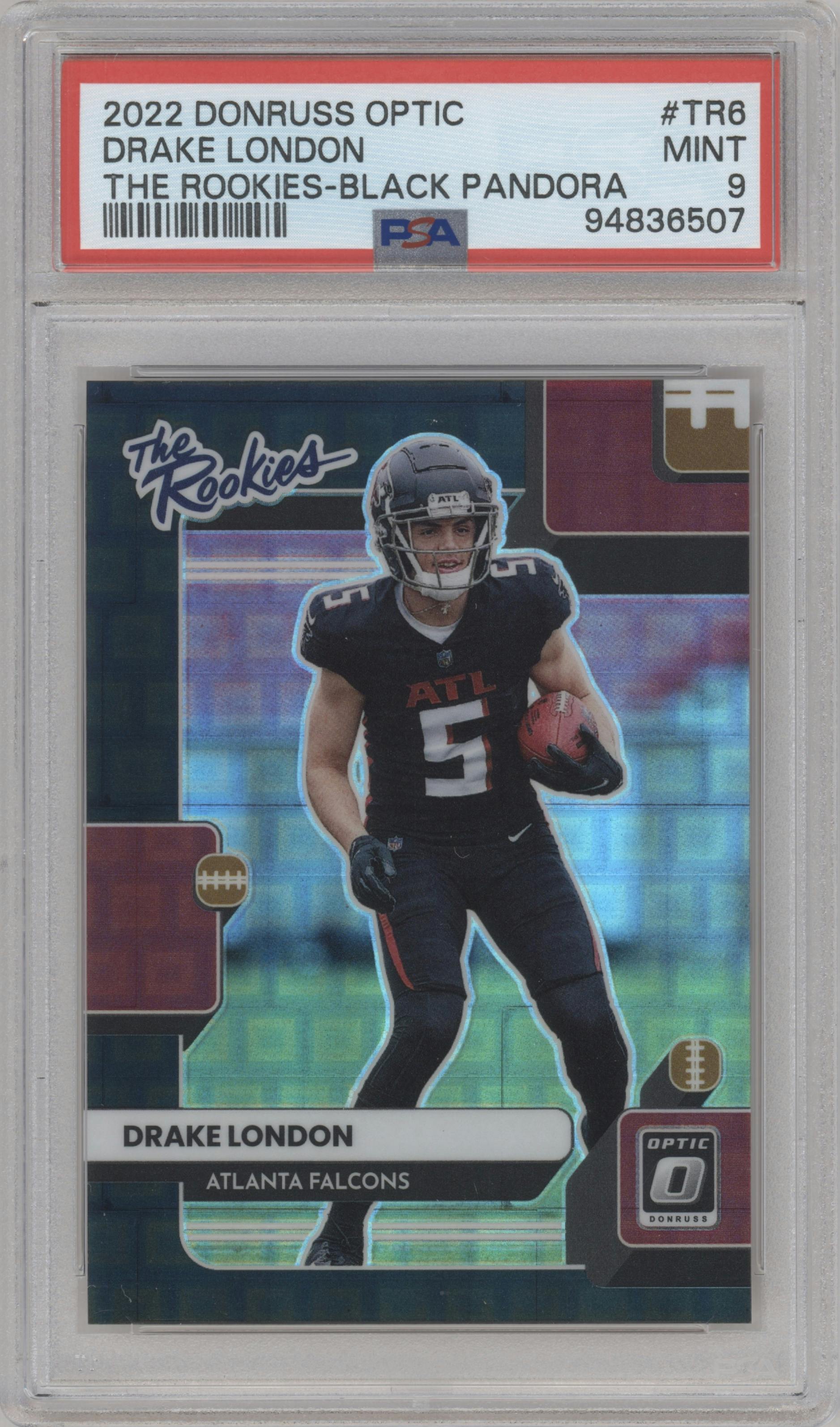 Drake London from the 2022 Panini Donruss Optic set featuring a Black Pandora parallel graded by PSA and given an overall grade of 9.