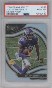 Justin Jefferson from the 2020 Panini Select set featuring a Silver Prizm parallel graded by PSA and given an overall grade of 10.