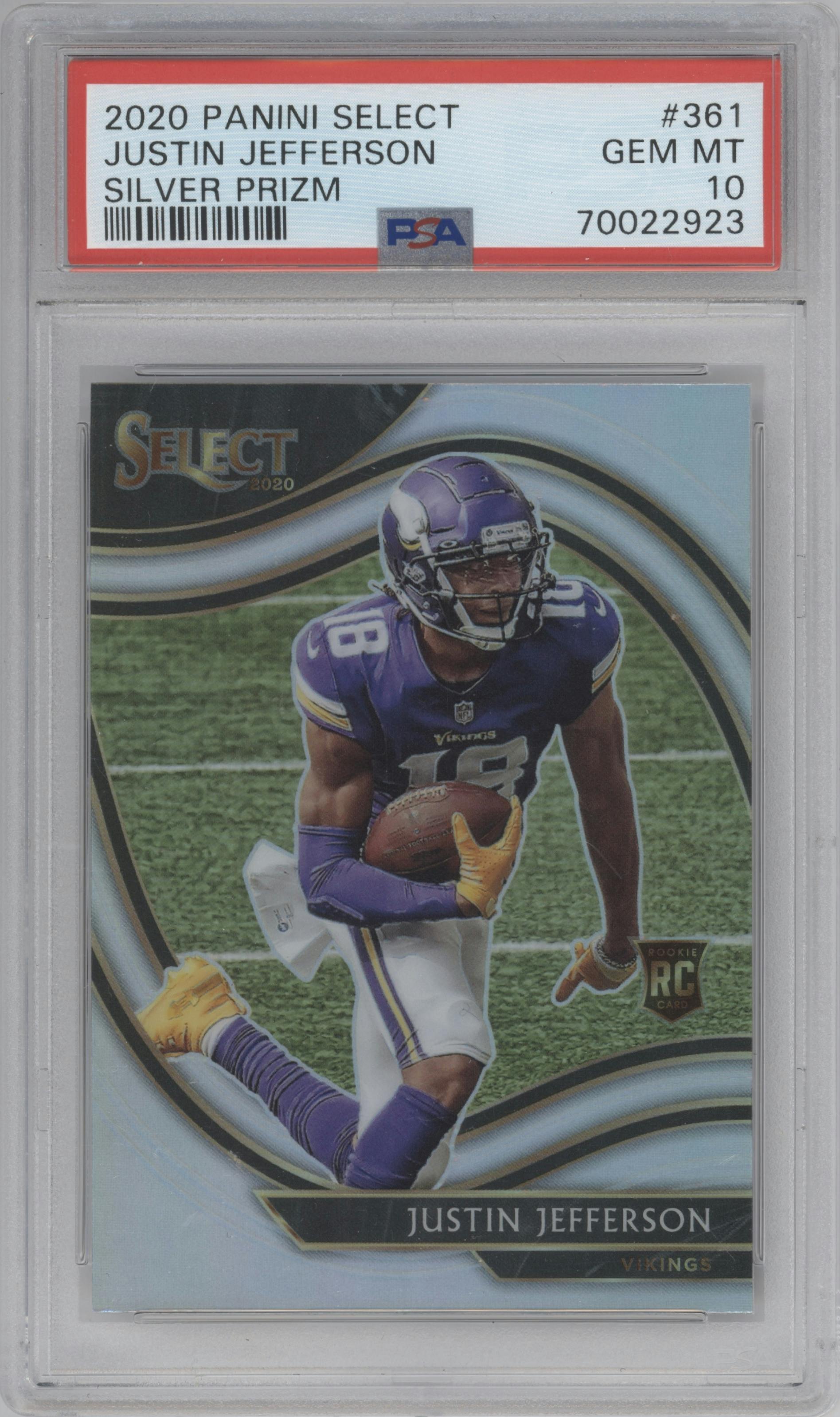 Justin Jefferson from the 2020 Panini Select set featuring a Silver Prizm parallel graded by PSA and given an overall grade of 10.