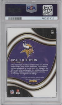 Justin Jefferson from the 2020 Panini Select set featuring a Silver Prizm parallel graded by PSA and given an overall grade of 10.