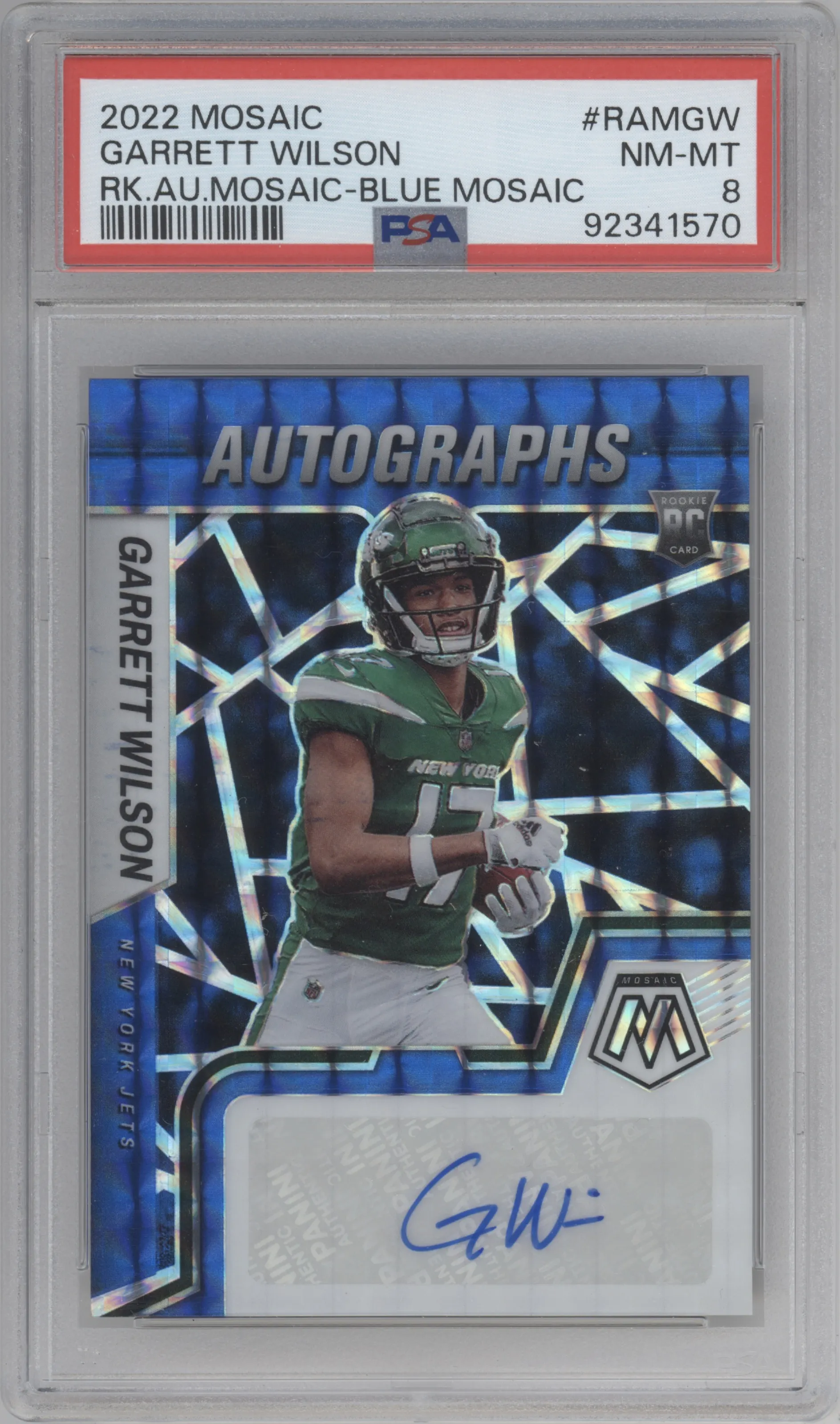 2022 Panini Mosaic Rke.Auto Garrett Wilson Blue Mosaic PSA 8