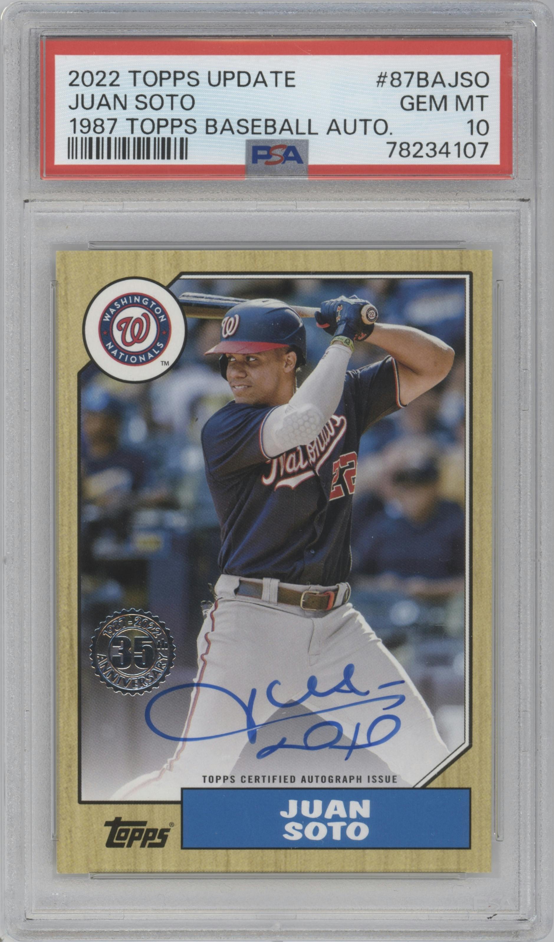 Juan Soto from the 2022 Topps Update  set graded by PSA and given an overall grade of 10.