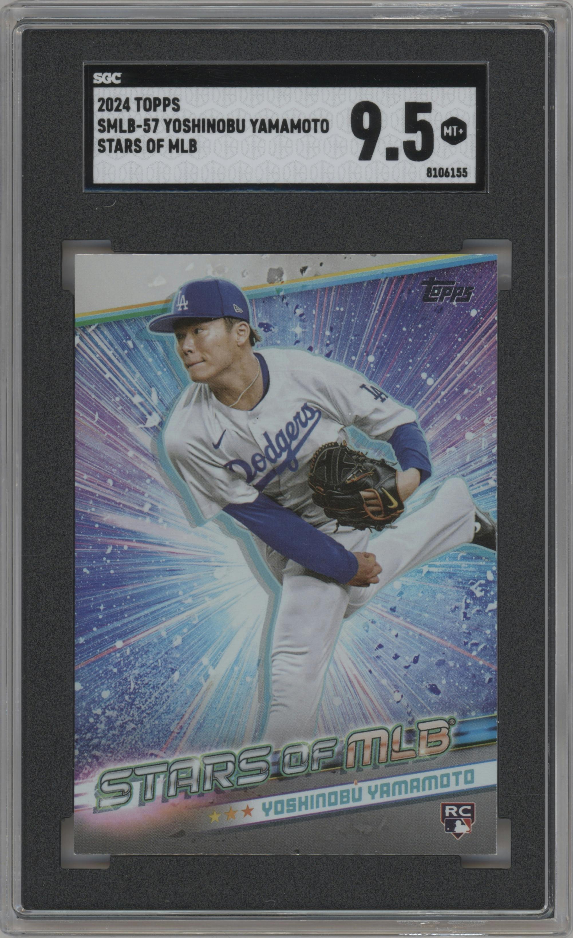 Yoshinobu Yamamoto from the 2024 Topps  set graded by SGC and given an overall grade of 9.5.