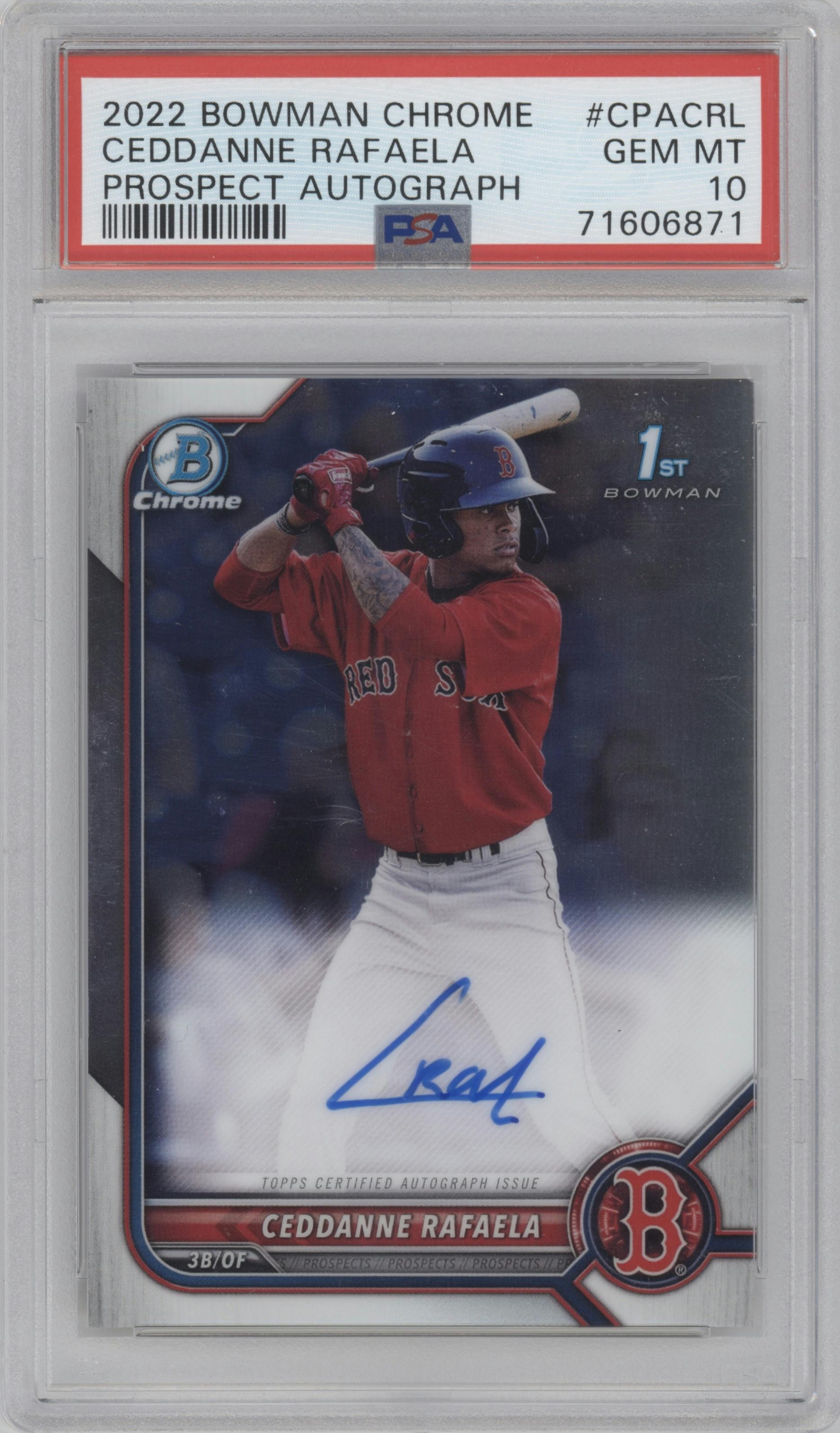 Ceddanne Rafaela from the 2022 Bowman Chrome set graded by PSA and given an overall grade of 10.