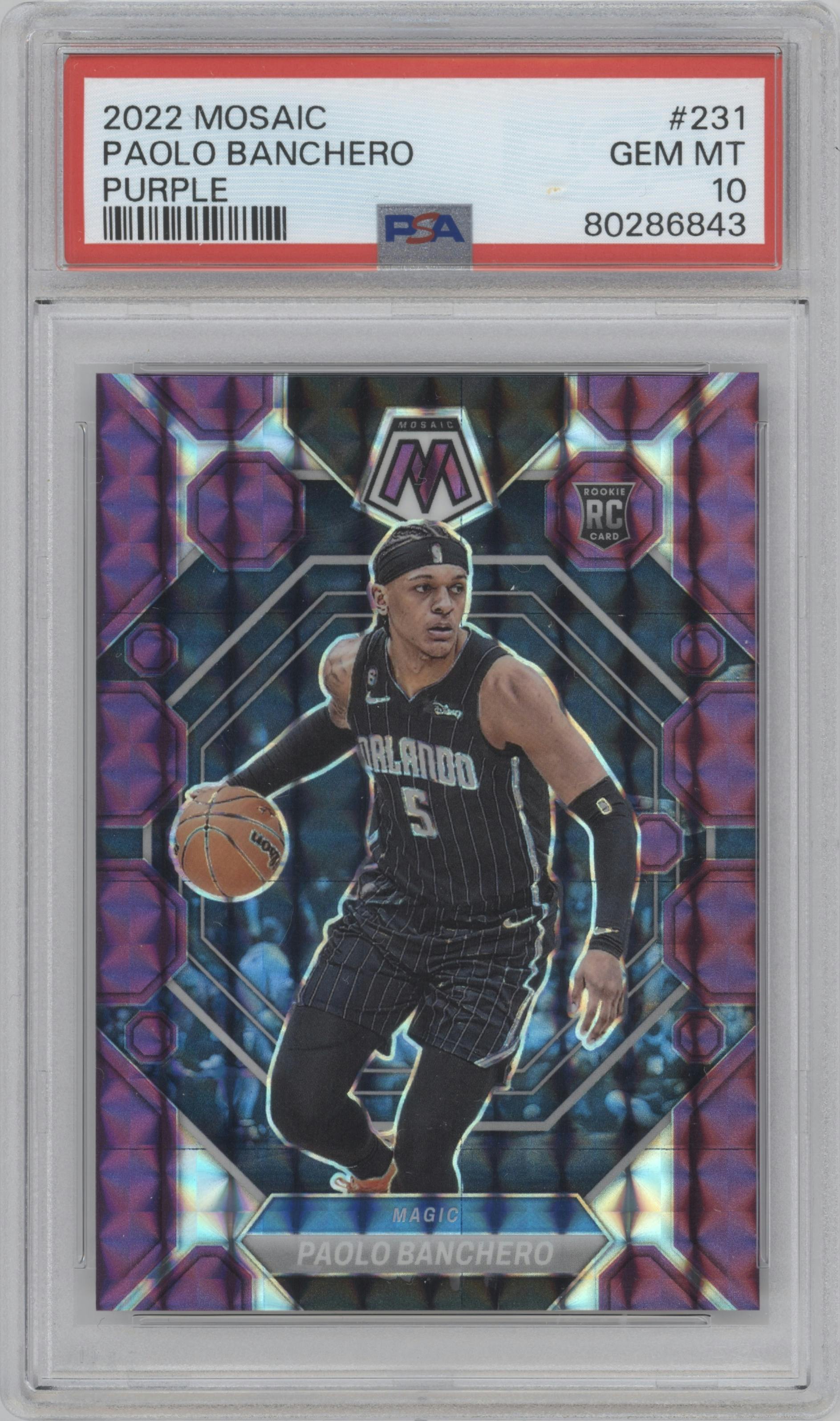Paolo Banchero from the 2022-23 Panini Mosaic set featuring a Purple Mosaic parallel graded by PSA and given an overall grade of 10.