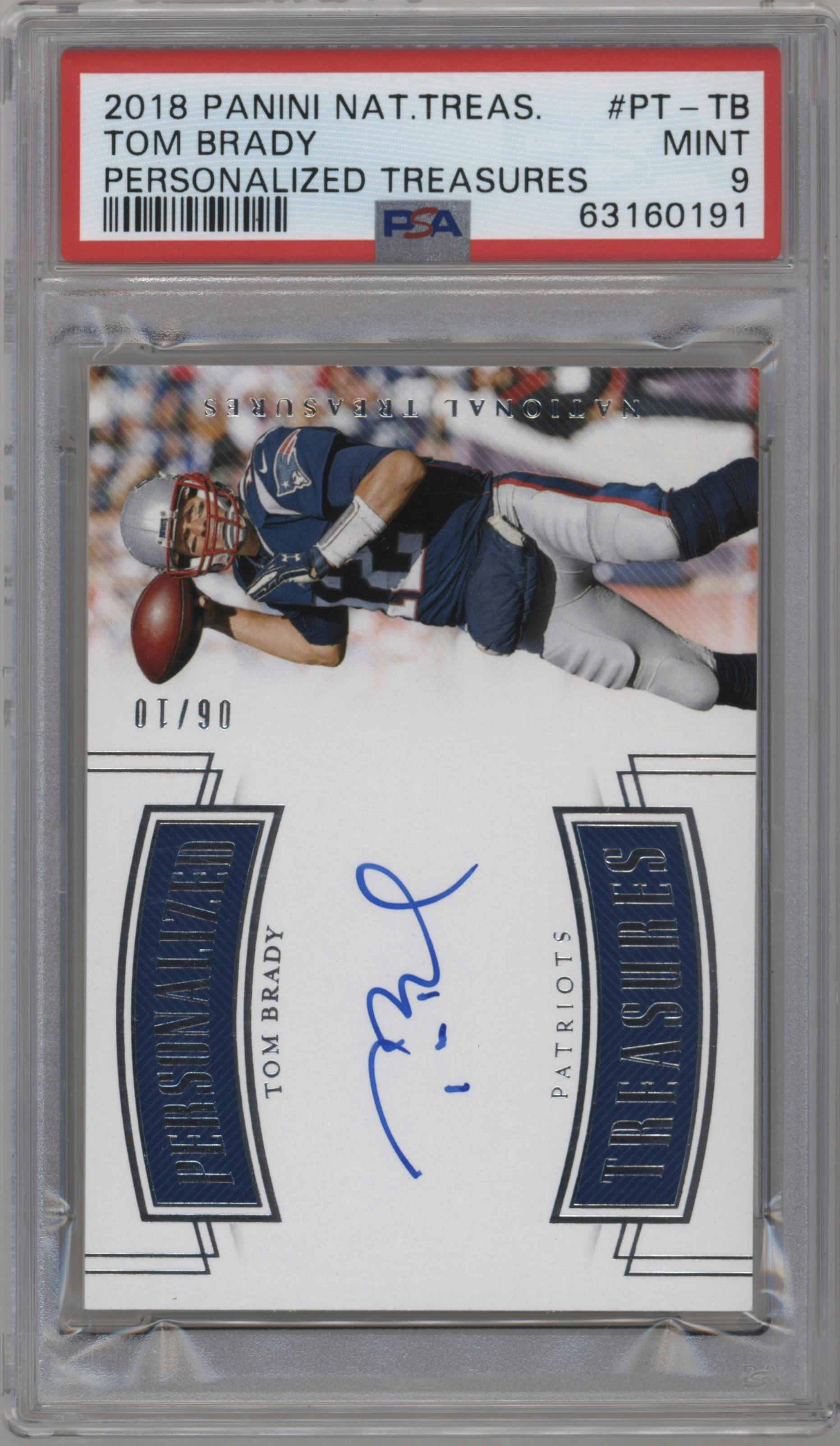 Tom Brady from the 2018 Panini National Treasures set graded by PSA and given an overall grade of 9.