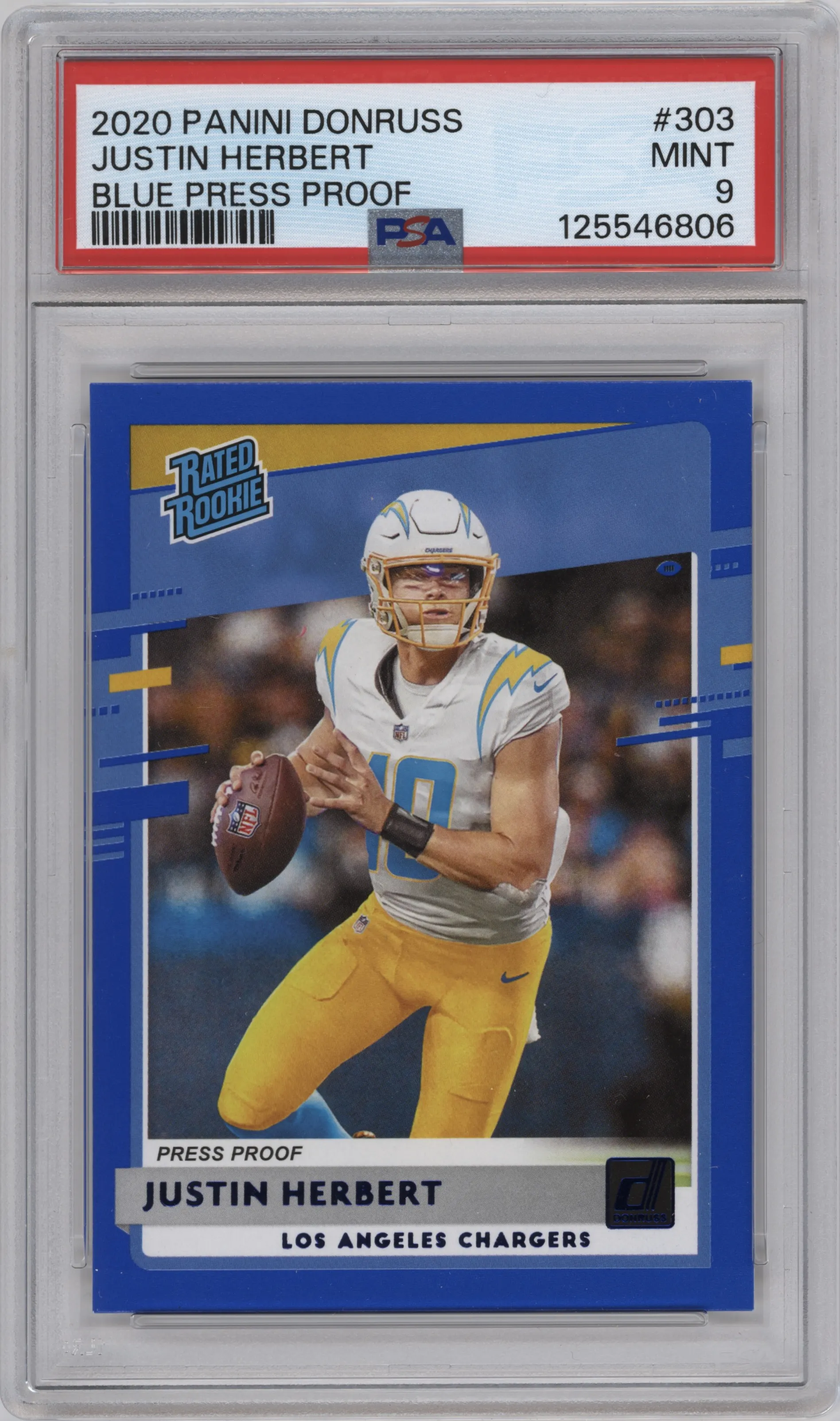 2020 Panini Donruss Rated Rookie Justin Herbert Press Proof Blue PSA 9