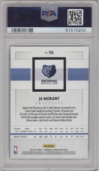 Ja Morant from the 2019-20 Panini Chronicles  set featuring a Pink parallel graded by PSA and given an overall grade of 10.