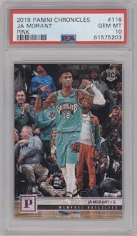 Ja Morant from the 2019-20 Panini Chronicles  set featuring a Pink parallel graded by PSA and given an overall grade of 10.
