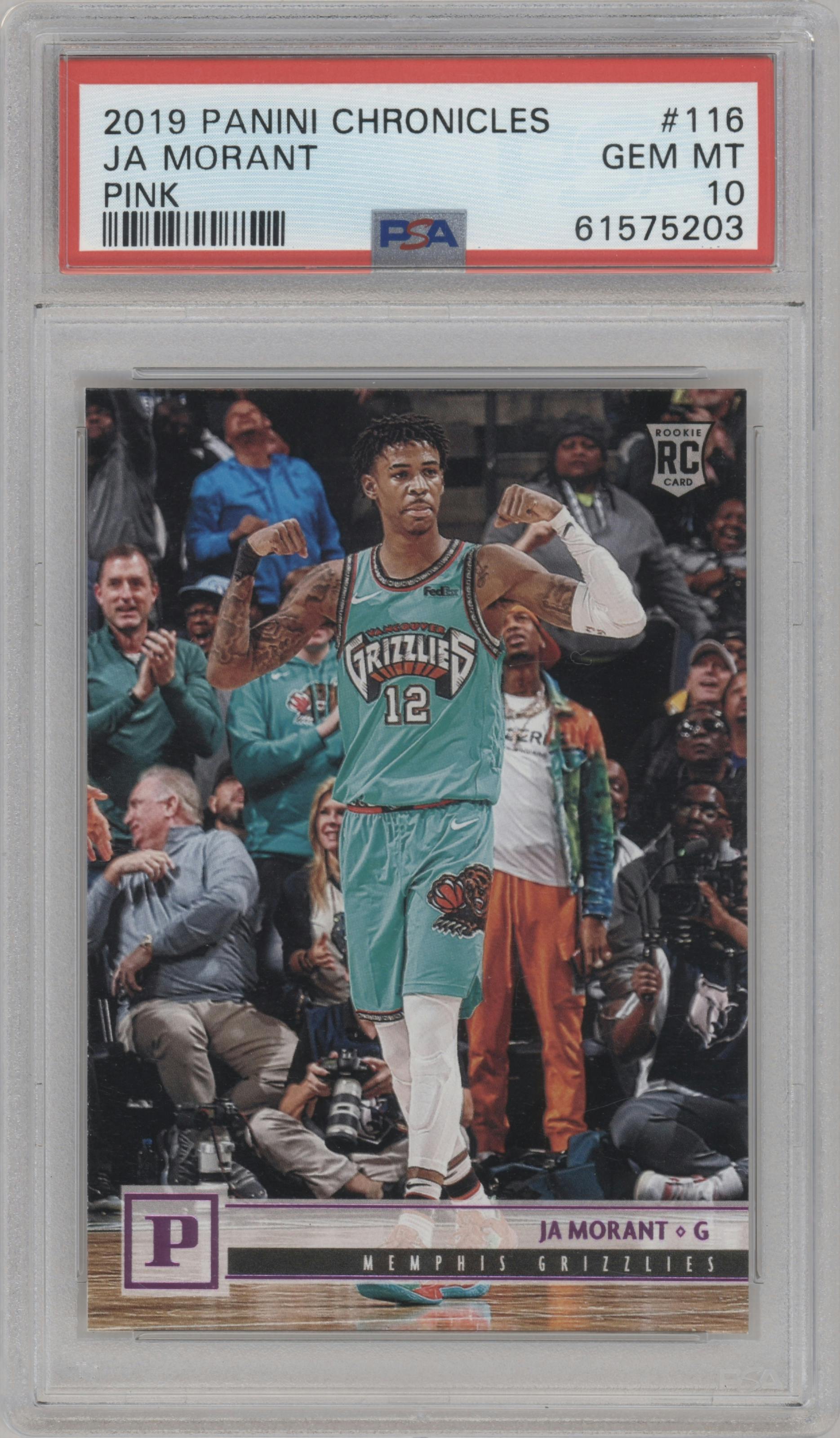 Ja Morant from the 2019-20 Panini Chronicles  set featuring a Pink parallel graded by PSA and given an overall grade of 10.
