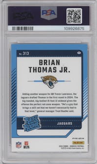 Brian Thomas Jr. from the 2024 Donruss set featuring a Red Pandora parallel graded by PSA and given an overall grade of 9.