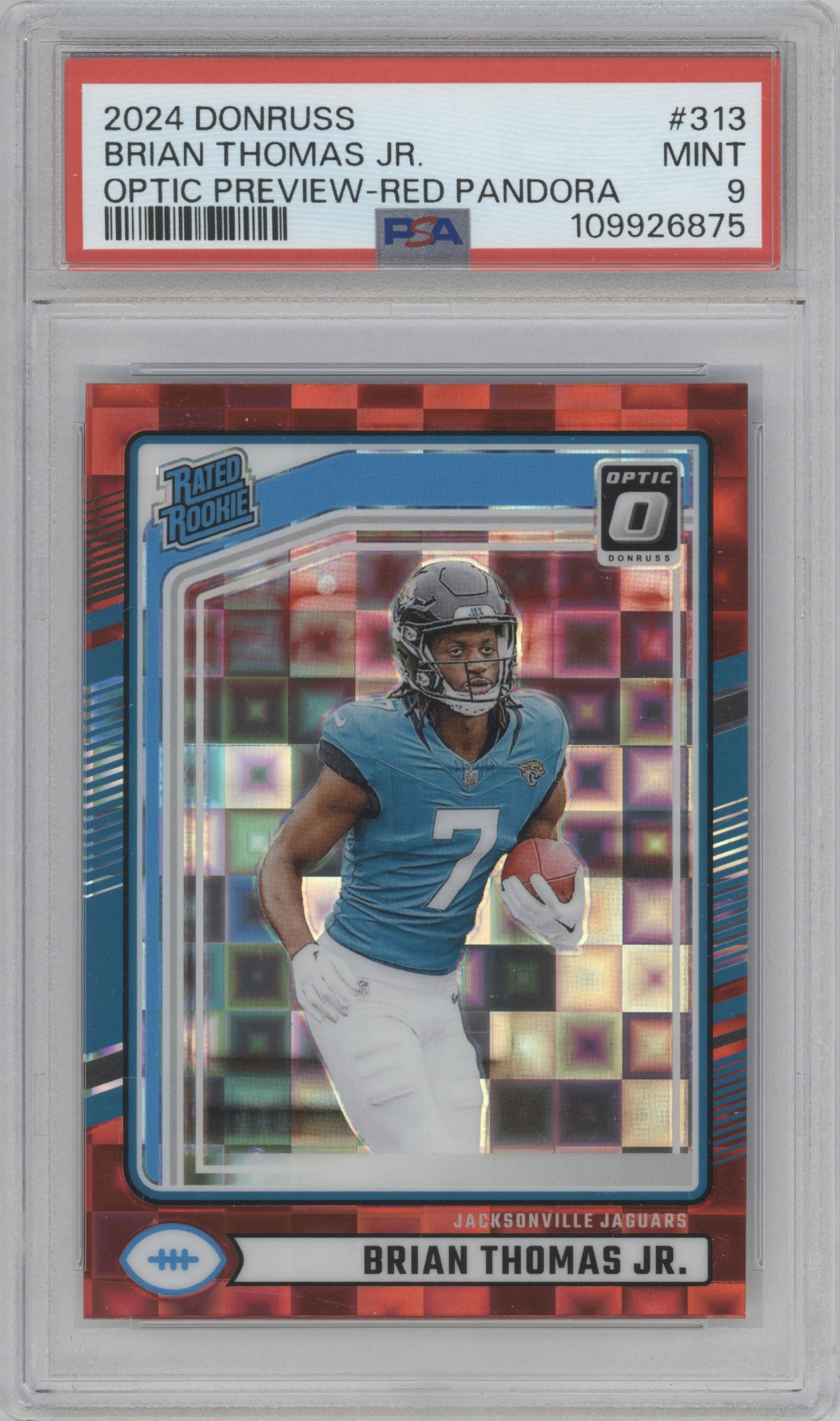 Brian Thomas Jr. from the 2024 Donruss set featuring a Red Pandora parallel graded by PSA and given an overall grade of 9.