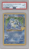 Blastoise from the 2021 Pokemon SWSH set featuring a Base Set parallel graded by PSA and given an overall grade of 9.