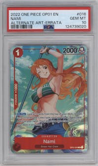 Nami from the 2022 One Piece set featuring a Alternative Art - Errata parallel graded by PSA and given an overall grade of 10.