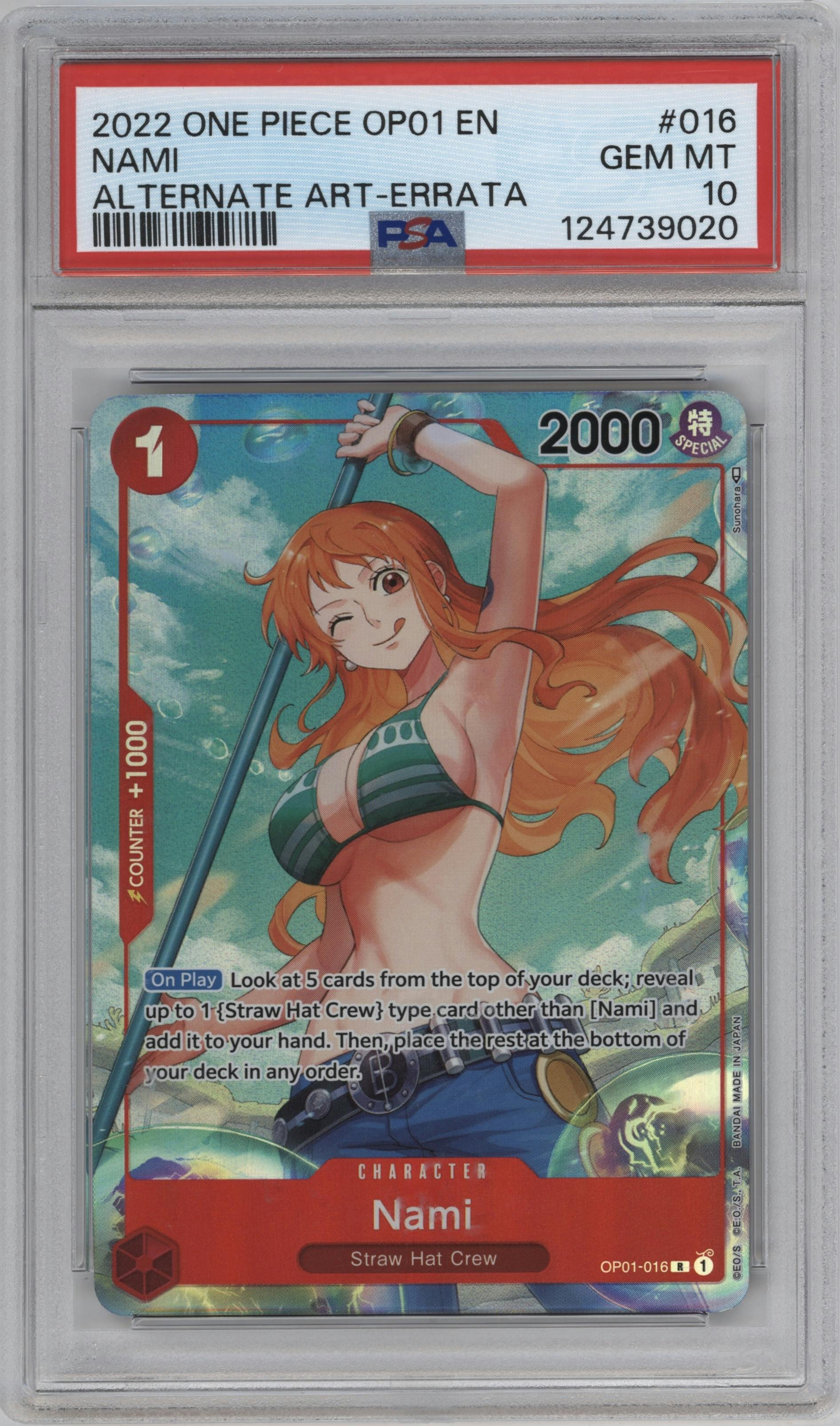 Nami from the 2022 One Piece set featuring a Alternative Art - Errata parallel graded by PSA and given an overall grade of 10.